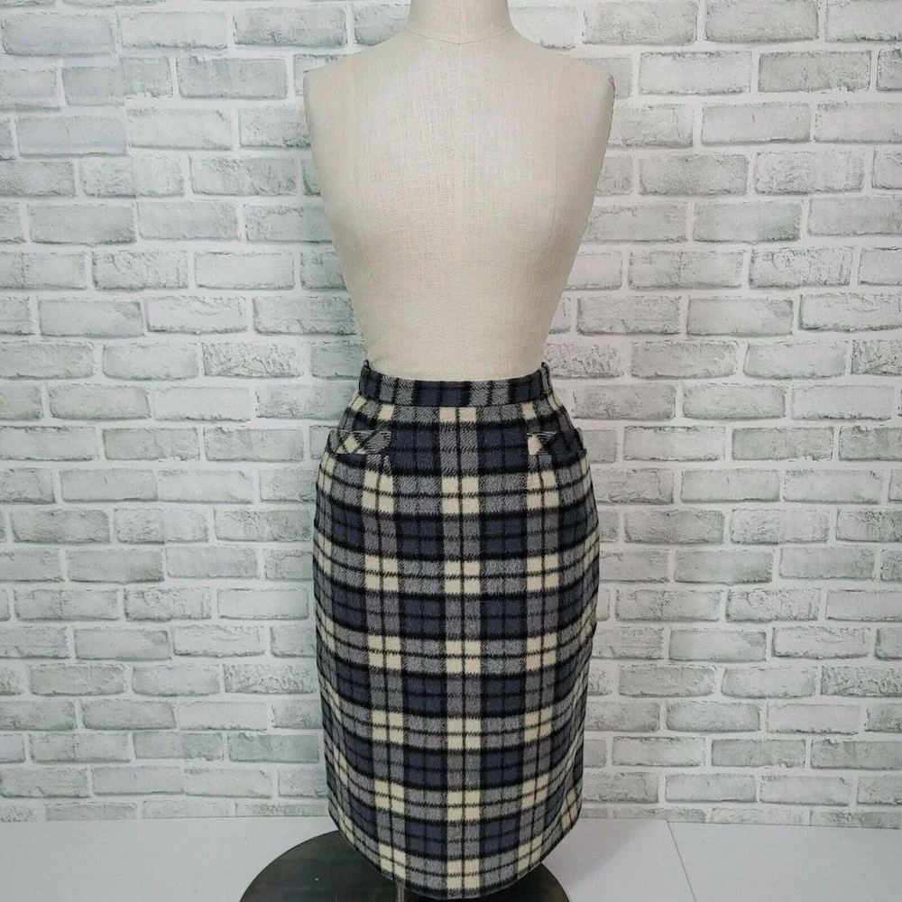 Vintage 50s 60s Wool Plaid Pencil Skirt Hi Waist Lined Winter Mod Preppy Classic